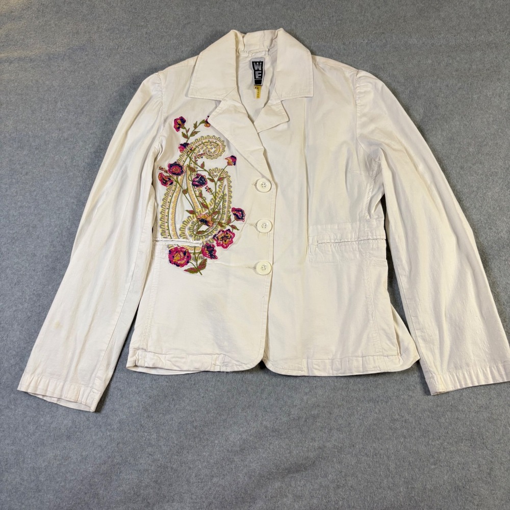 WE White Embroidered Paisley Floral Blazer Jacket Cotton Stretch XL Boho Cottage